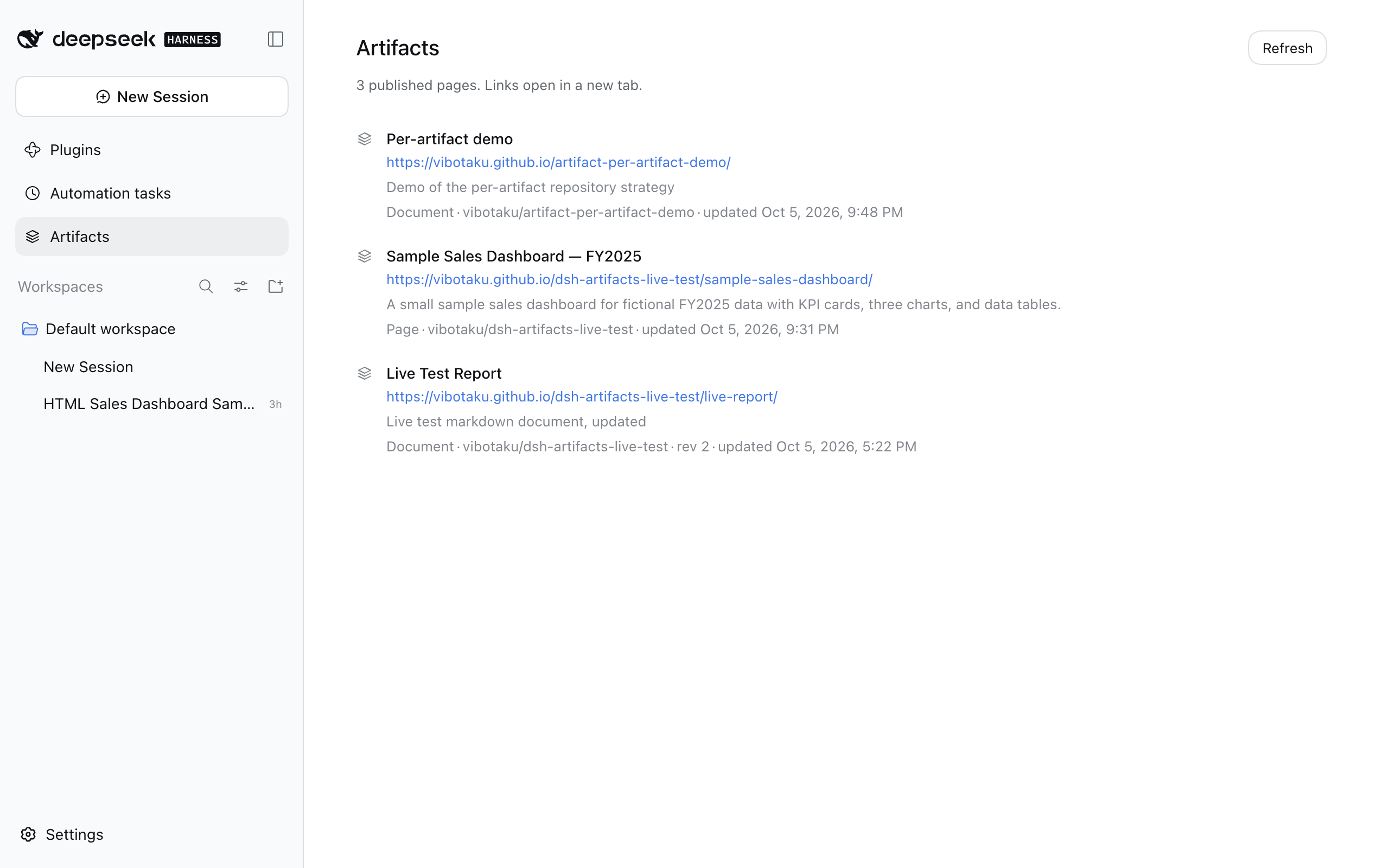 The Artifacts panel in the dsh sidebar, listing published pages with their links