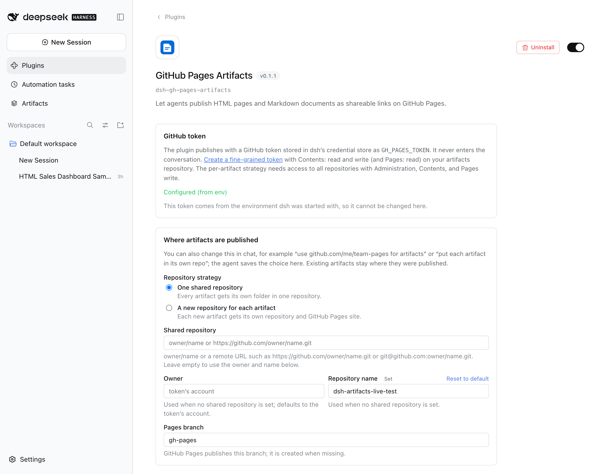 The plugin settings page: GitHub token, repository strategy, commits, and safety options