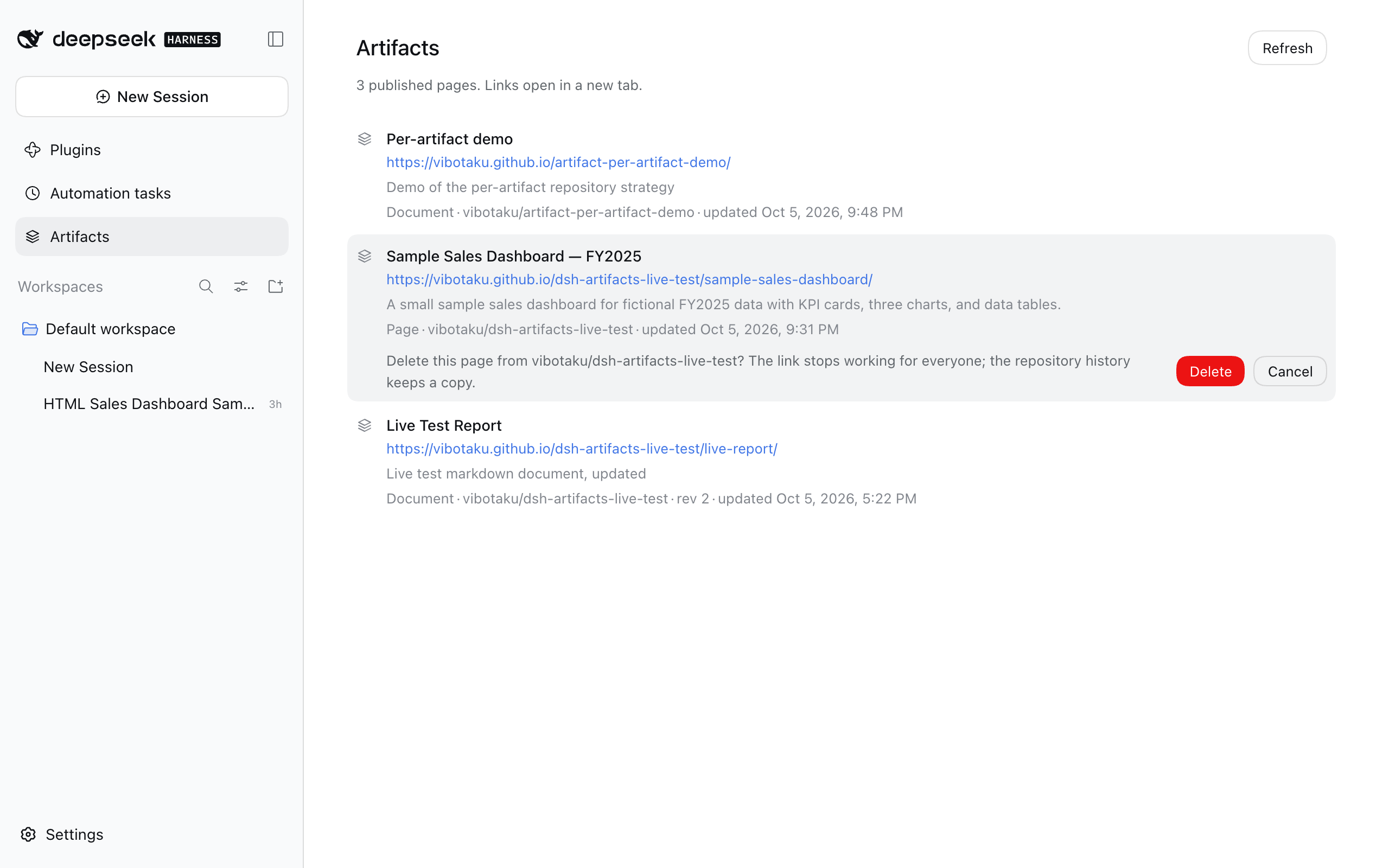 Inline confirmation before deleting an artifact