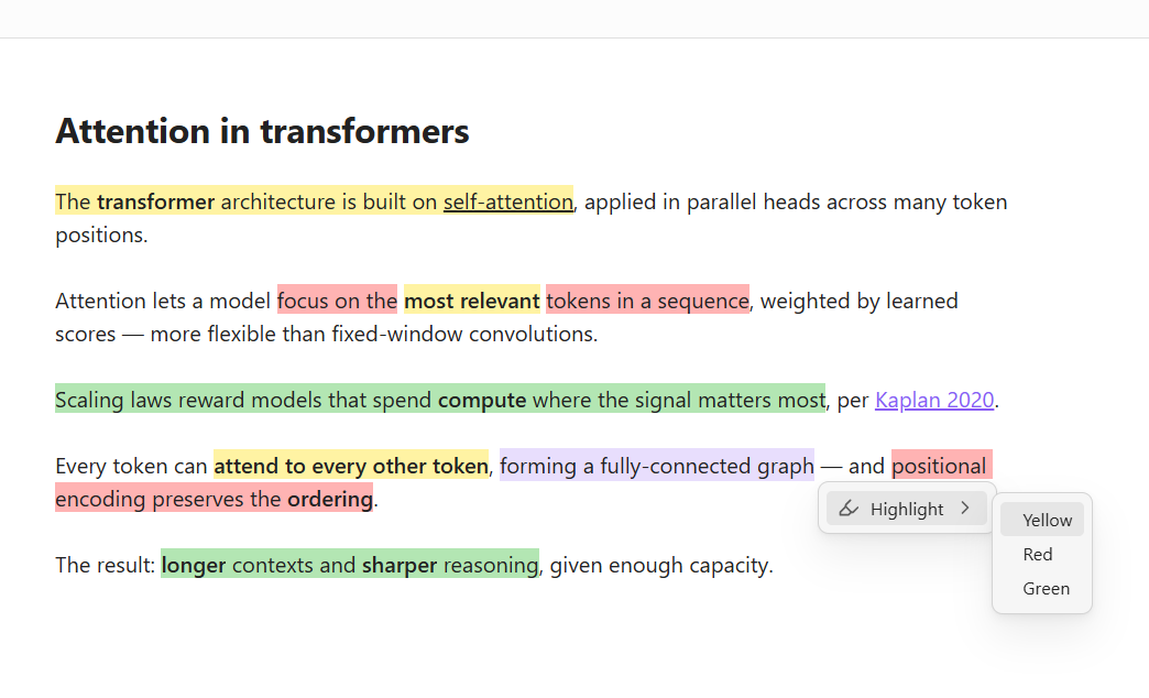 Right-click a selection to open the Highlight submenu with the full color catalog