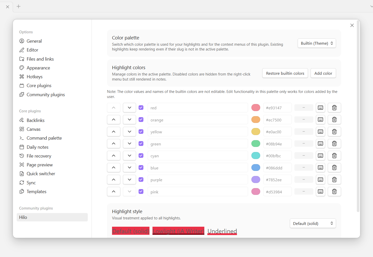 Settings → Hilo — Color palette dropdown, 8 theme-linked builtin colors with locked slug/hex, Highlight style dropdown, and a live preview of every style