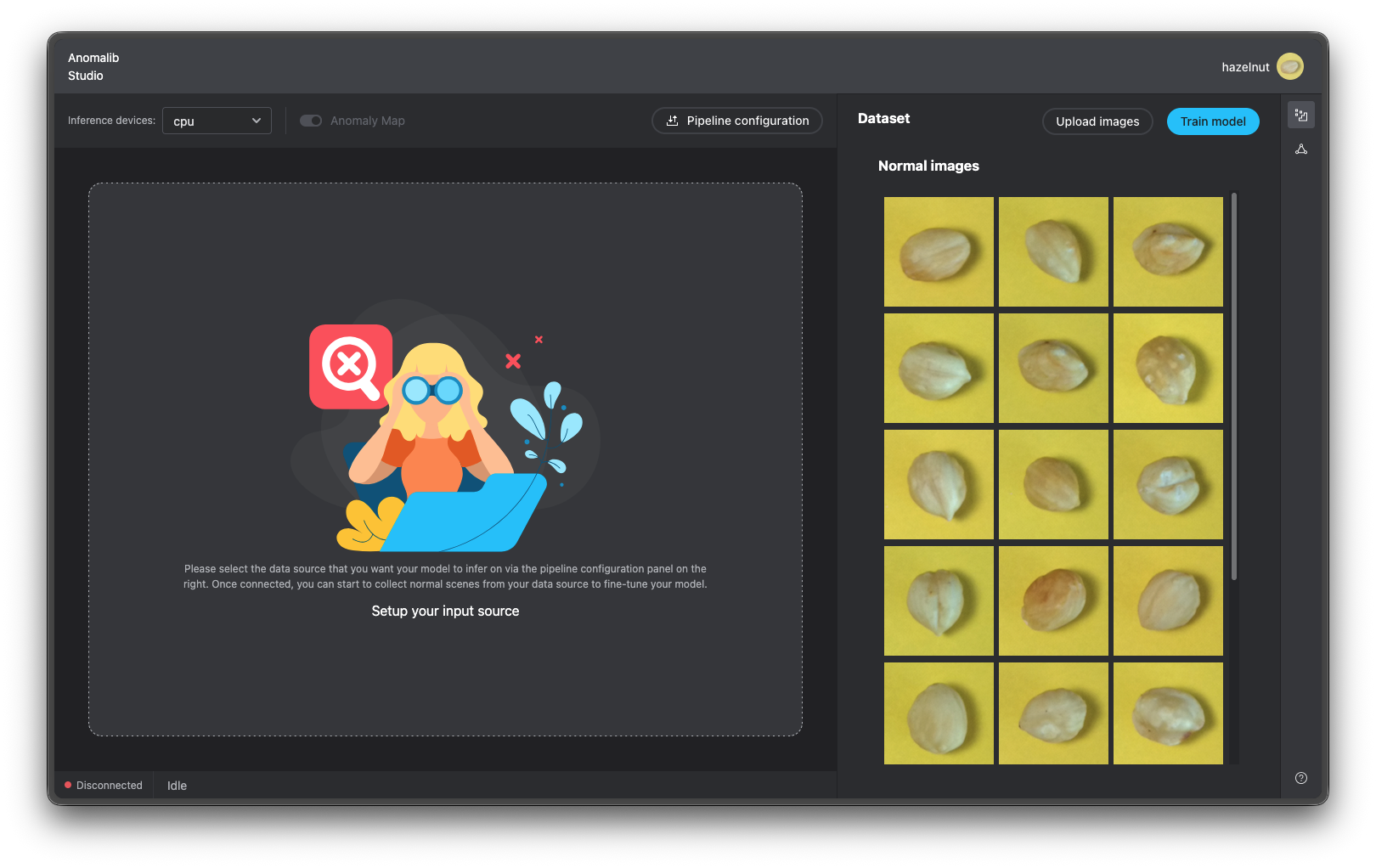 Anomalib StudioのUI。左に推論プレビュー、上部に推論デバイス選択（CPU）、右にhazelnutの正常画像データセットとTrain modelボタンを表示