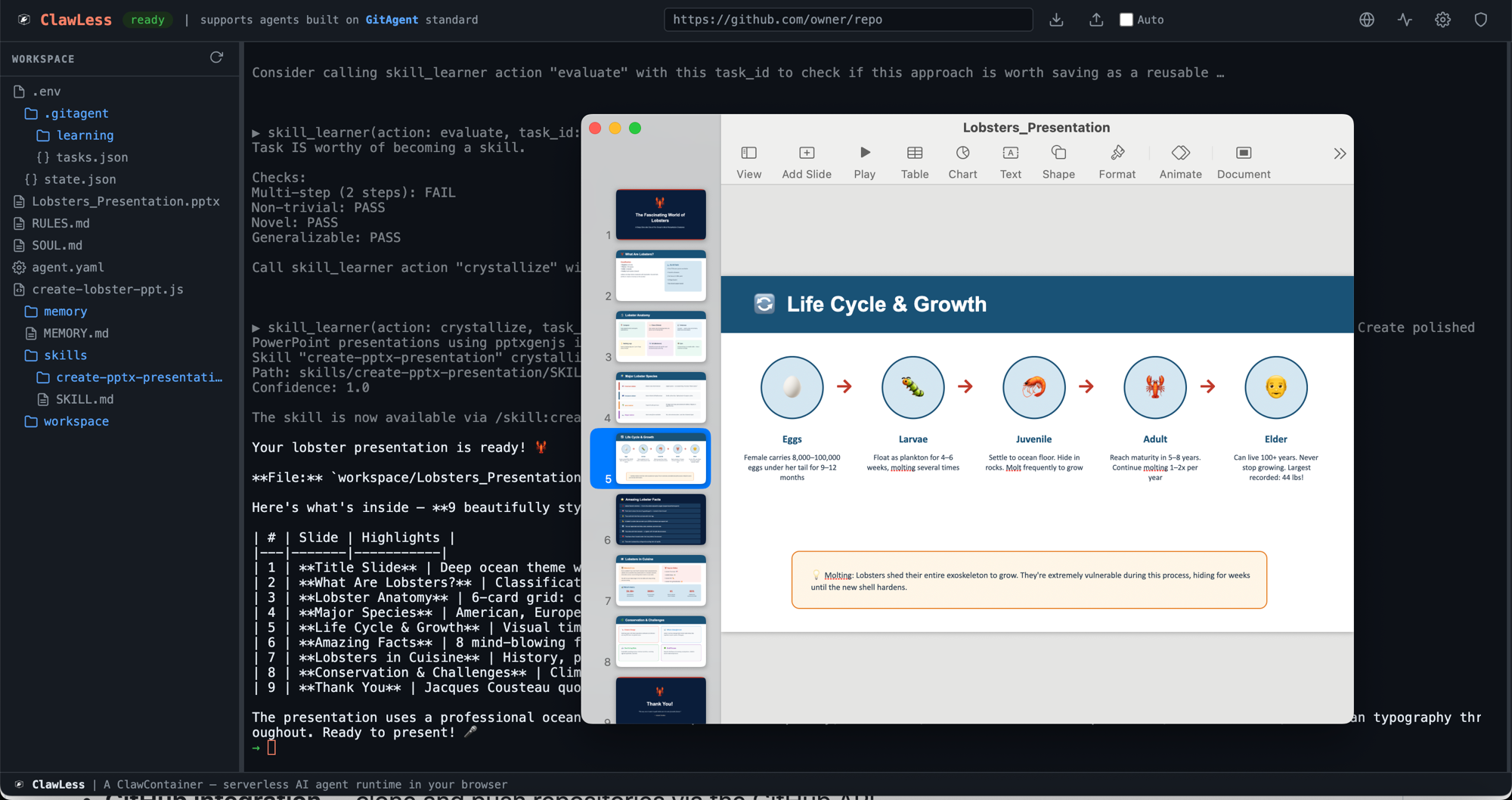 ClawLess — AI Agent building a PowerPoint presentation using pptxgenjs