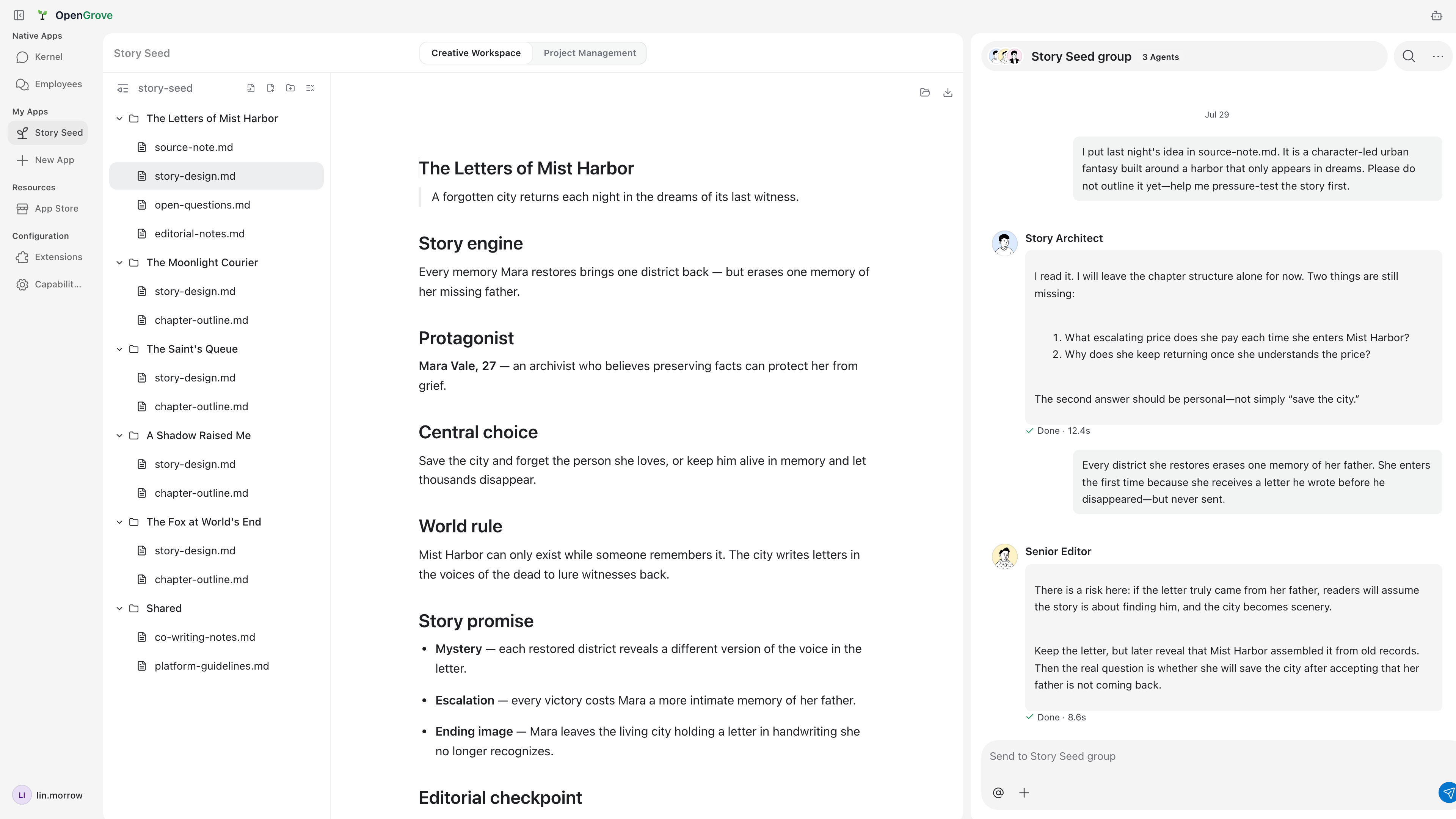 The Story Seed App: a shared workspace beside a group chat where three employees critique a story design