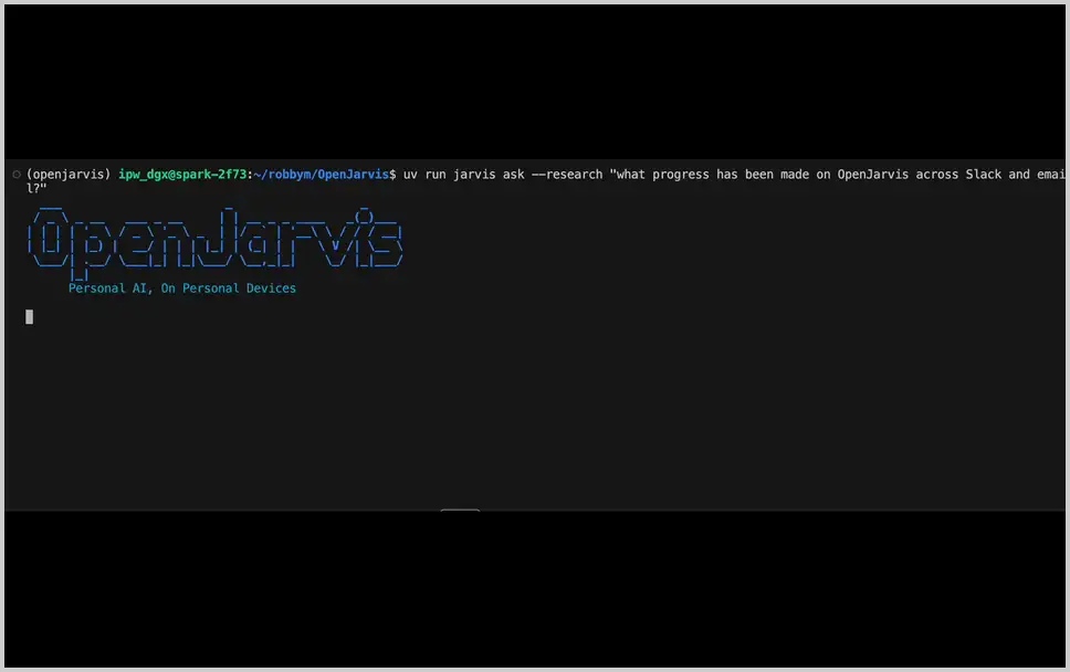 터미널 화면 스크린샷으로 'uv run jarvis ask --research "what progress has been made on OpenJarvis across Slack and email?"' 명령과 ASCII 로고, 태그라인 'Personal AI, On Personal Devices'를 보여줍니다.