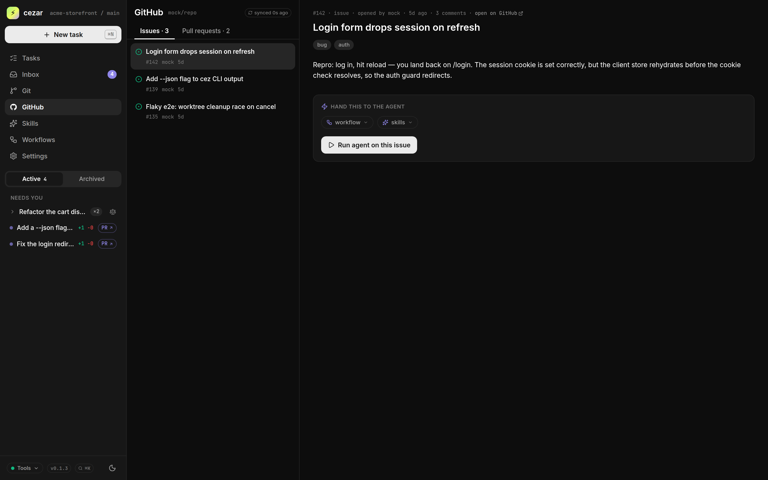 The GitHub tab — hand an open issue to the agent with a workflow and skills