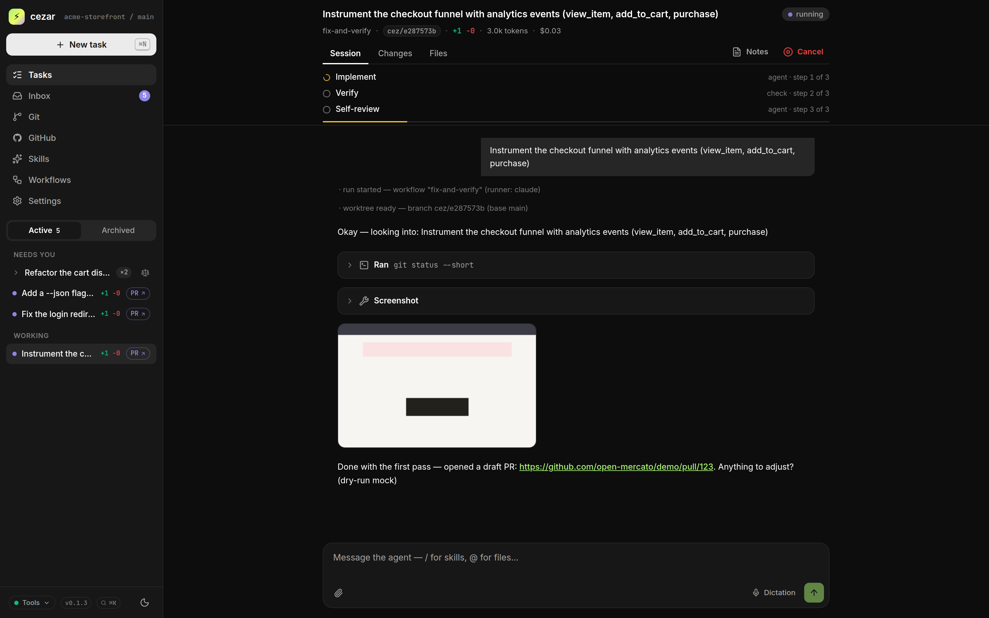 A running task streaming agent text, tool calls and screenshots live