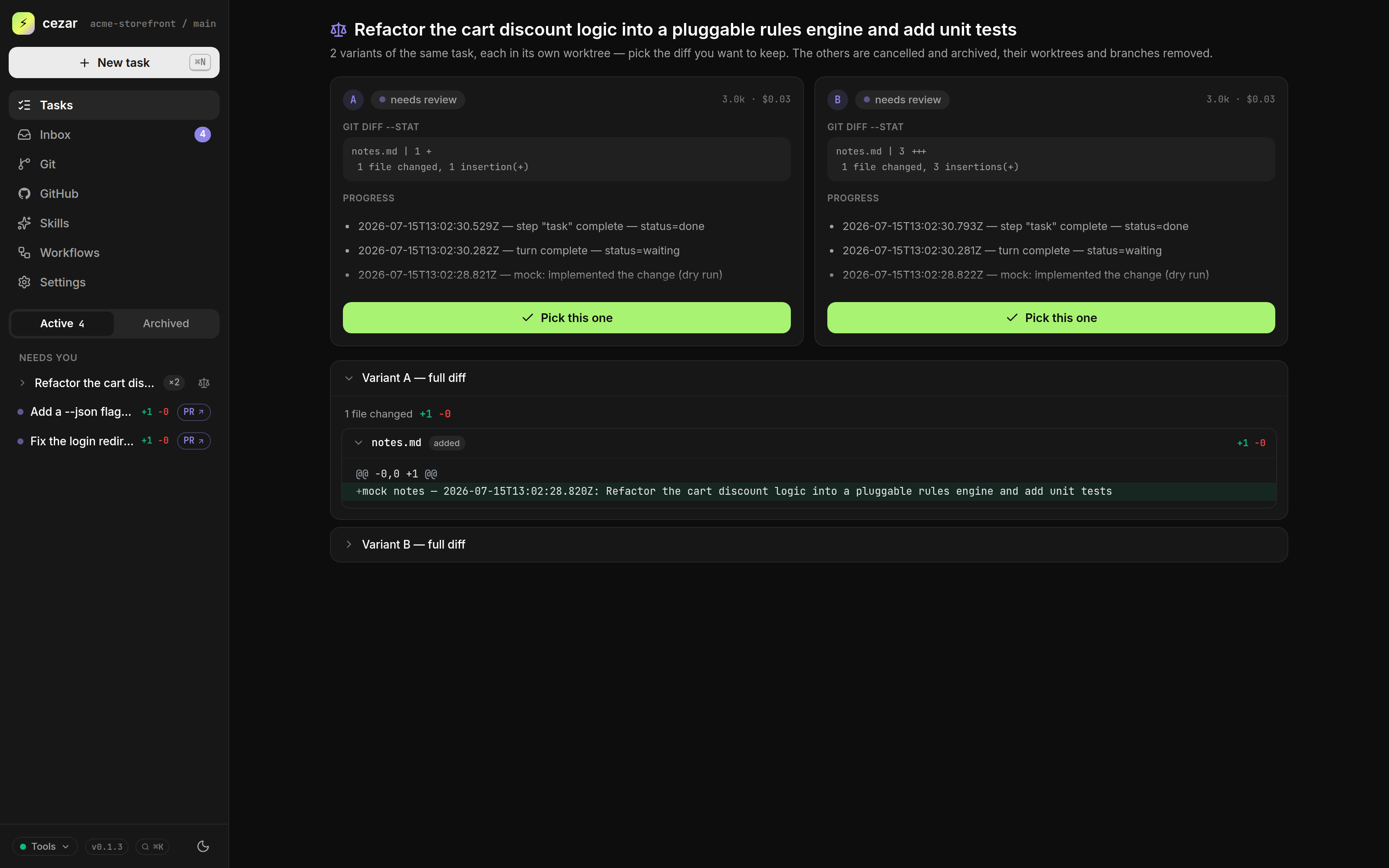 Two competing variants of the same task compared side by side — pick the winner