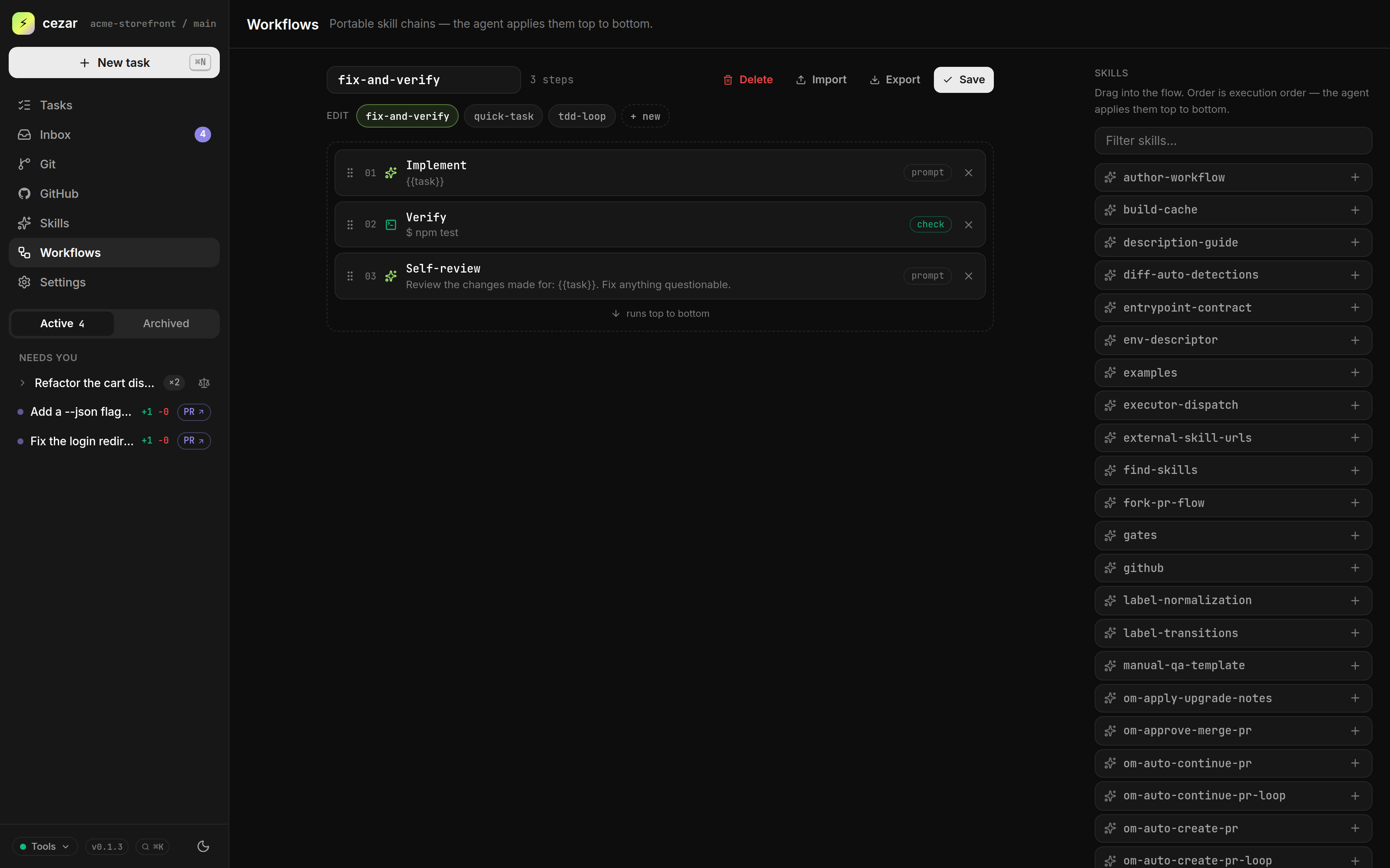 The workflow builder — drag skills into an ordered chain of agent steps and shell checks