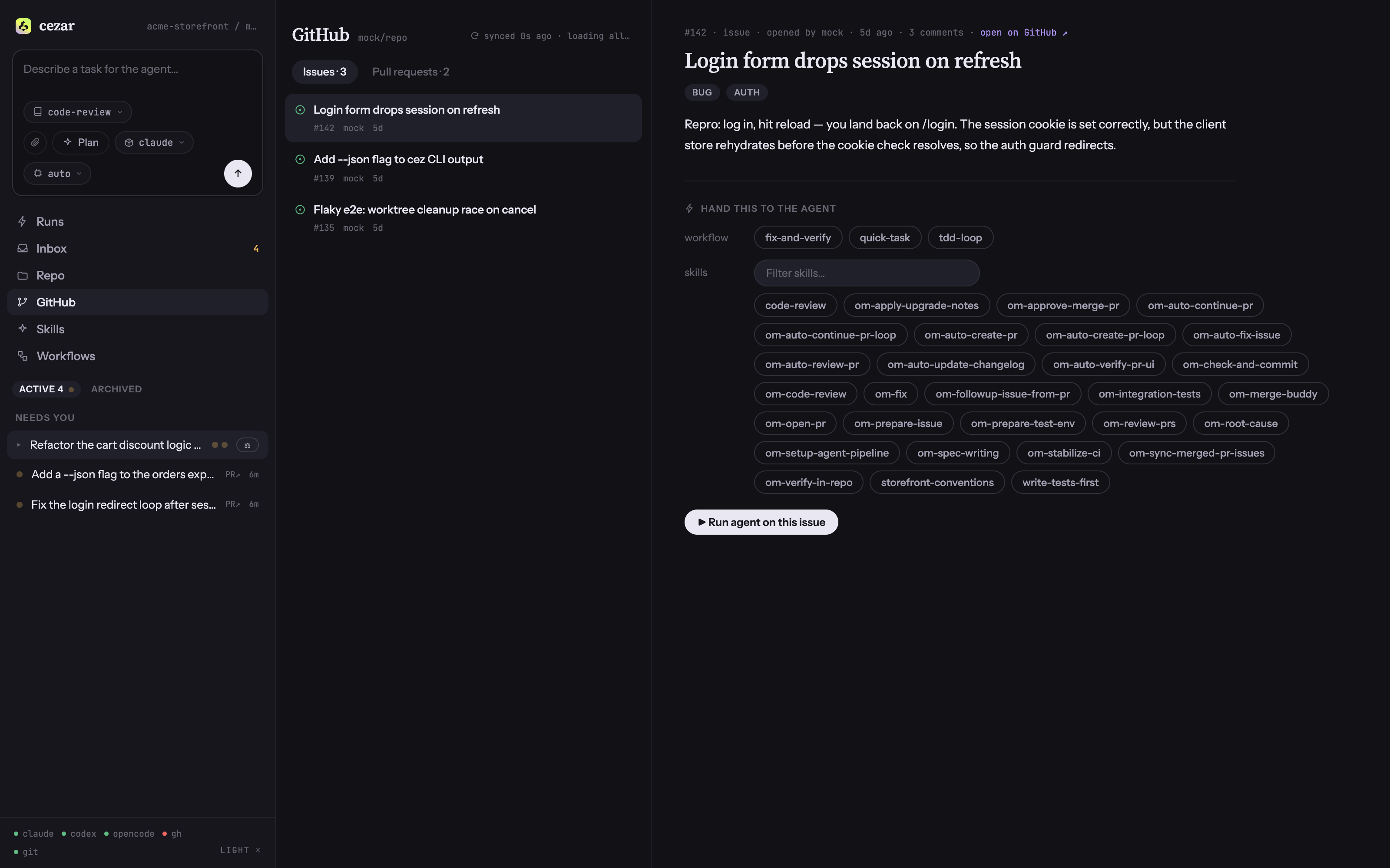 The GitHub tab — hand an open issue to the agent with a workflow and skills