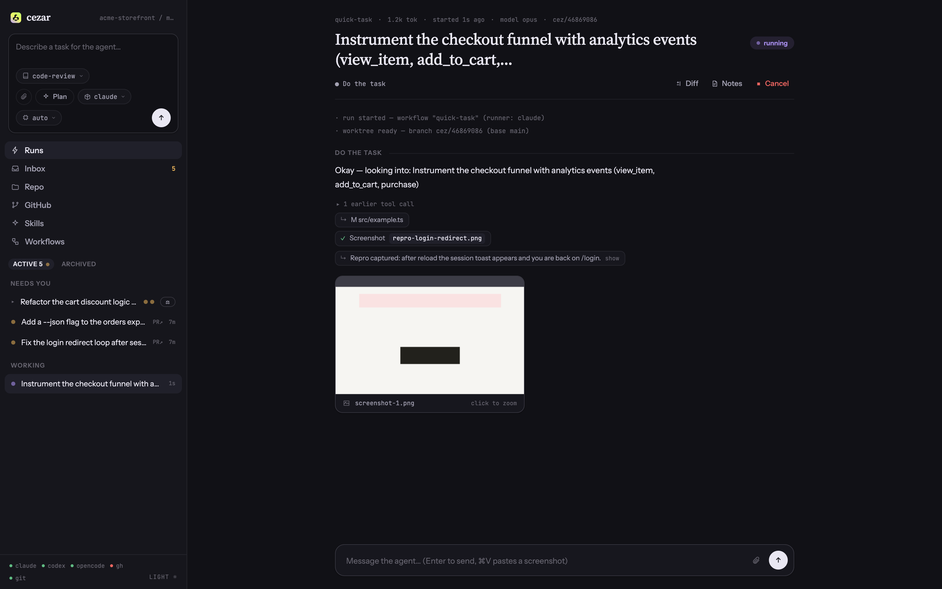 A running task streaming agent text, tool calls and screenshots live