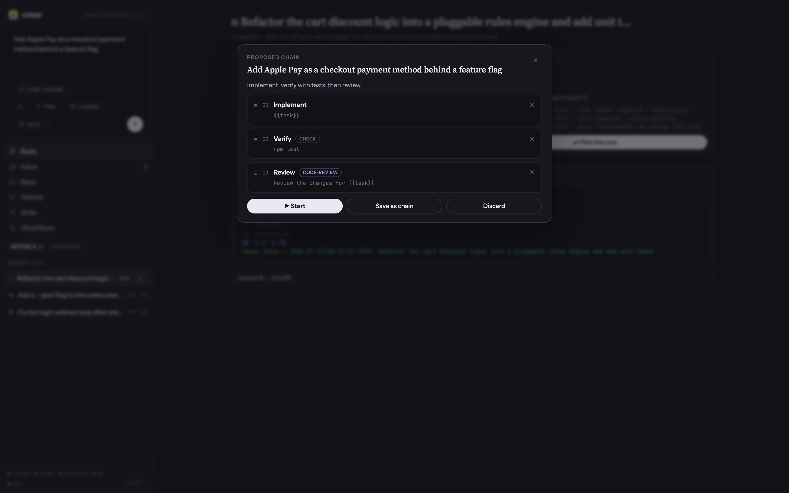 The Plan overlay — an AI-drafted chain of steps you approve before anything runs