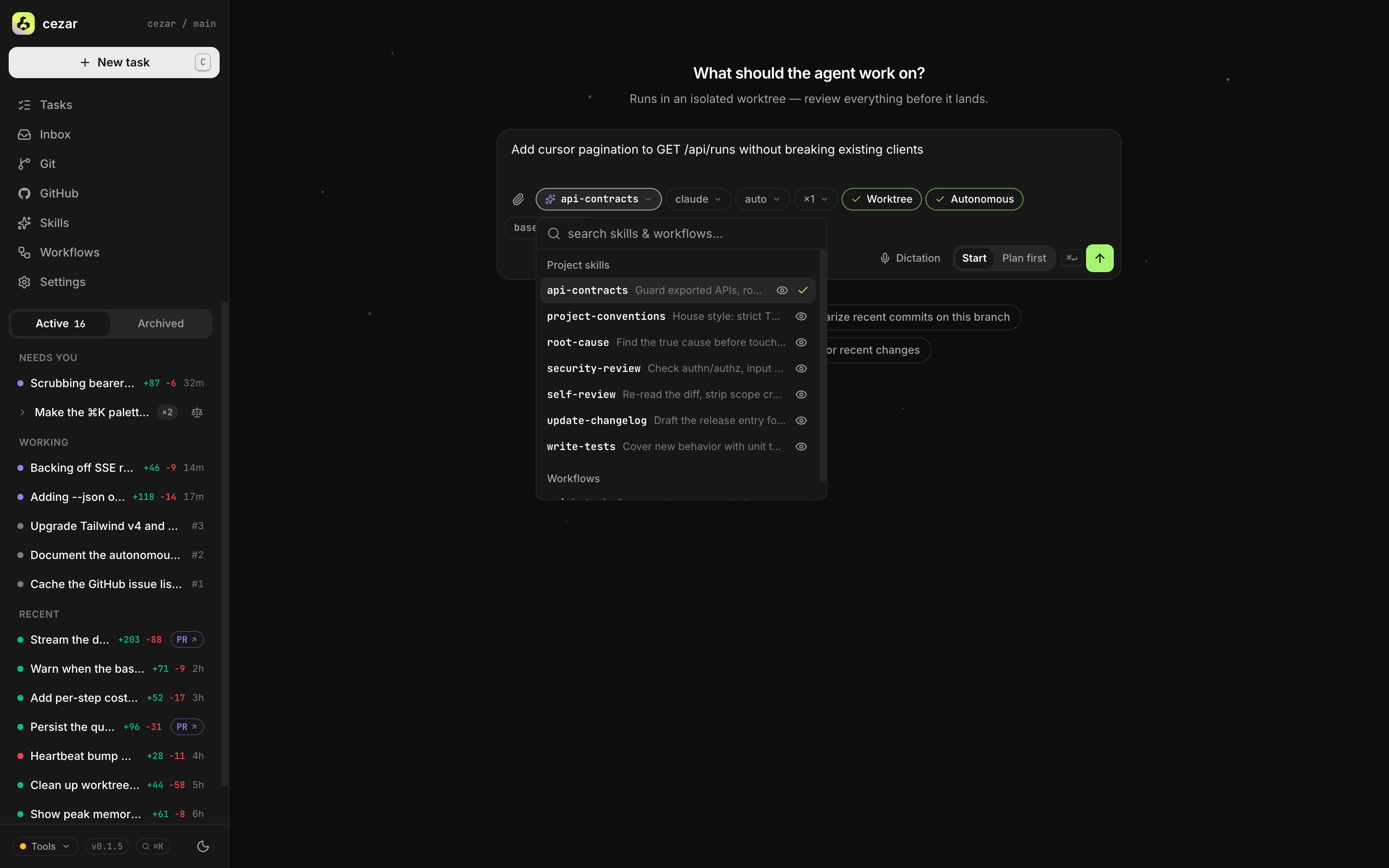 The task composer — pick a skill playbook and flip the Autonomous flag to run unattended