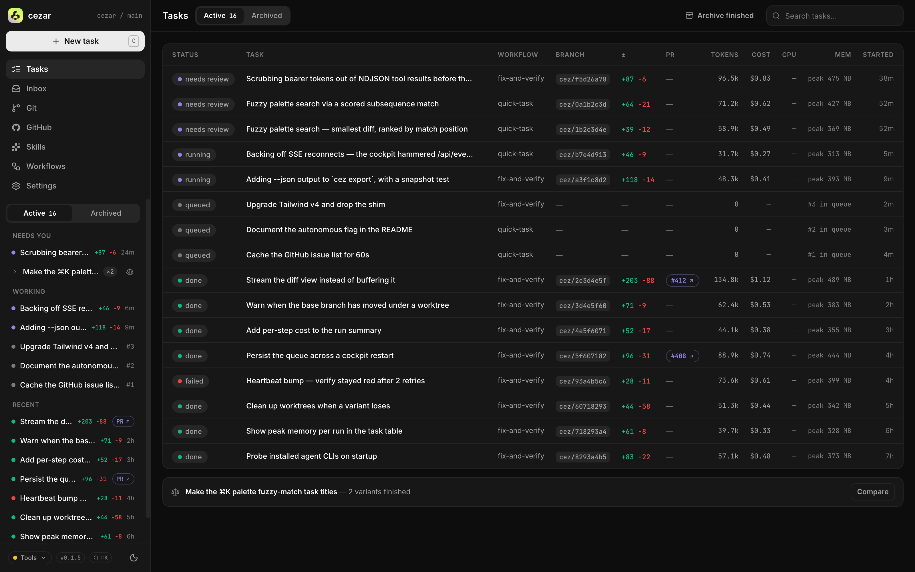 The Tasks view — parallel runs, a queue with positions, per-run cost and peak memory, and a variants compare card