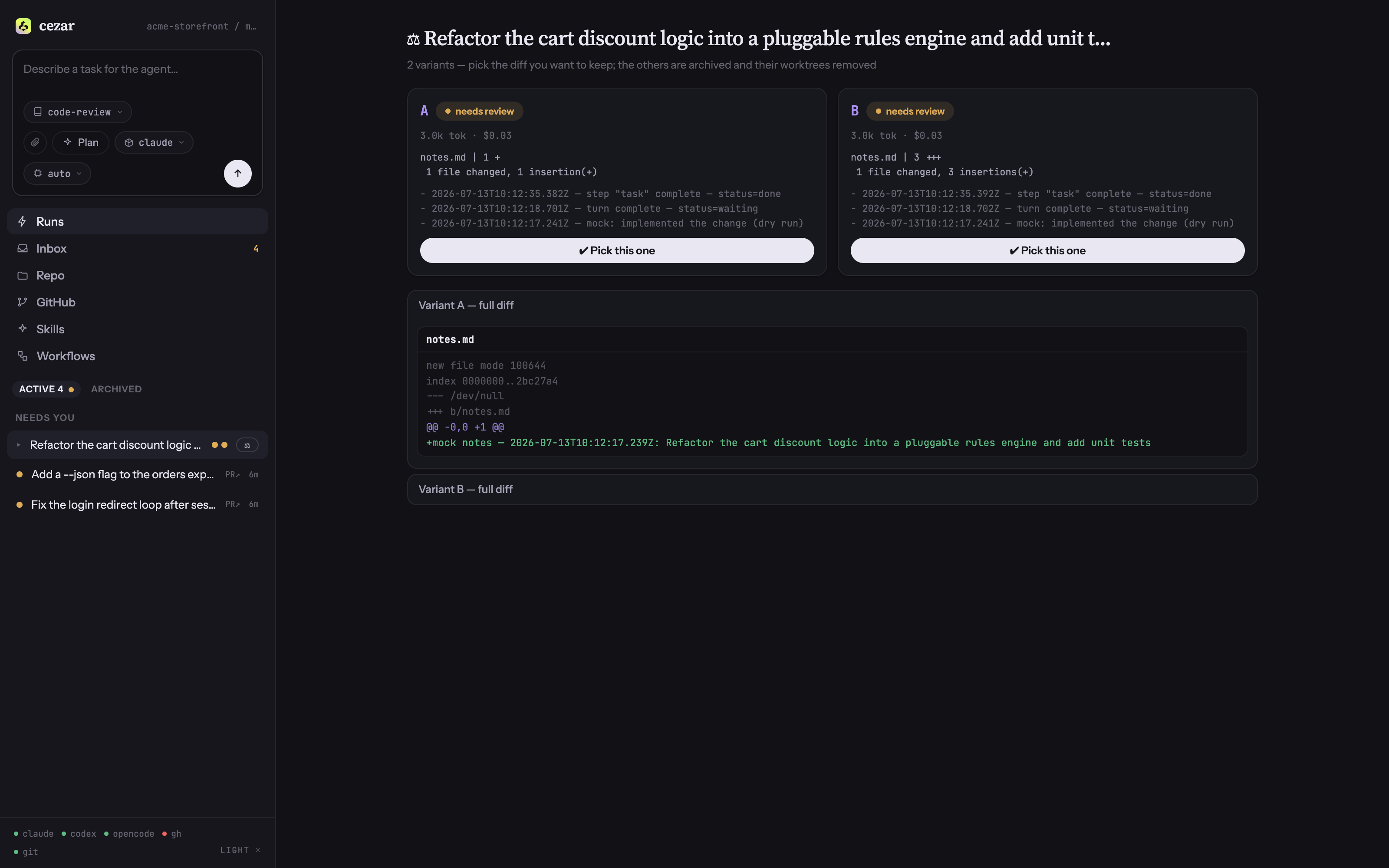 Two competing variants of the same task compared side by side — pick the winner