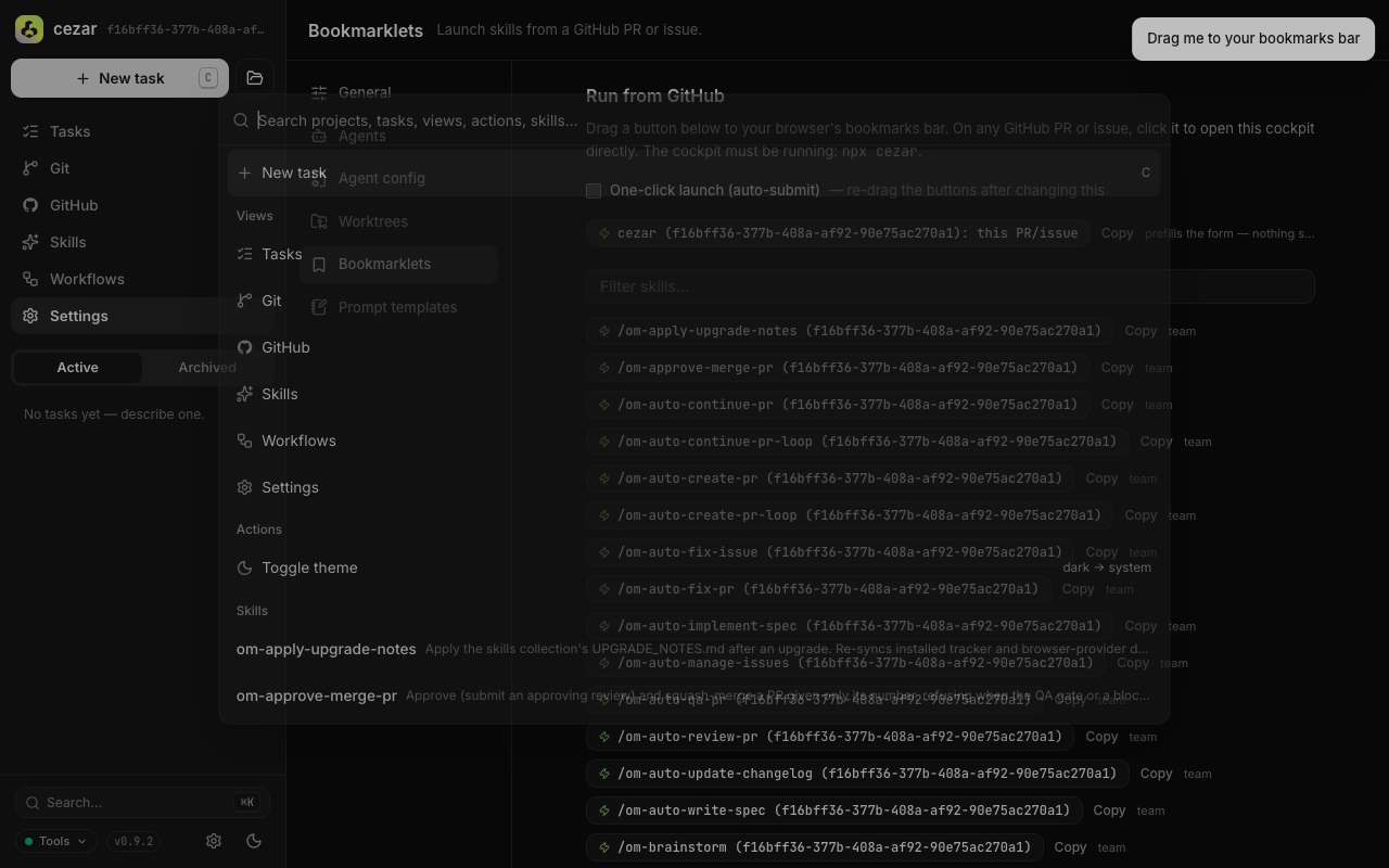toast painting above the open command-palette dialog