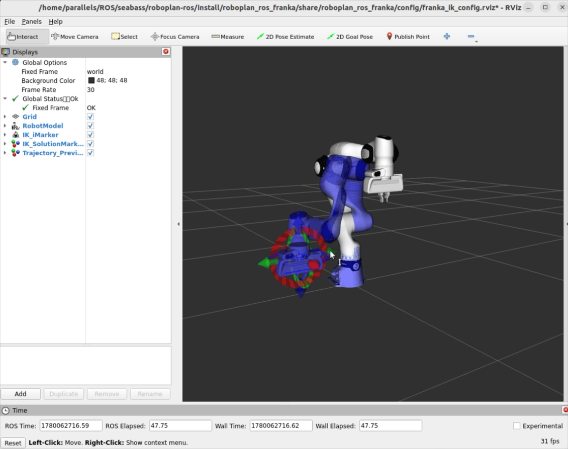 Interactive motion planning in RViz with the Franka FR3 arm.