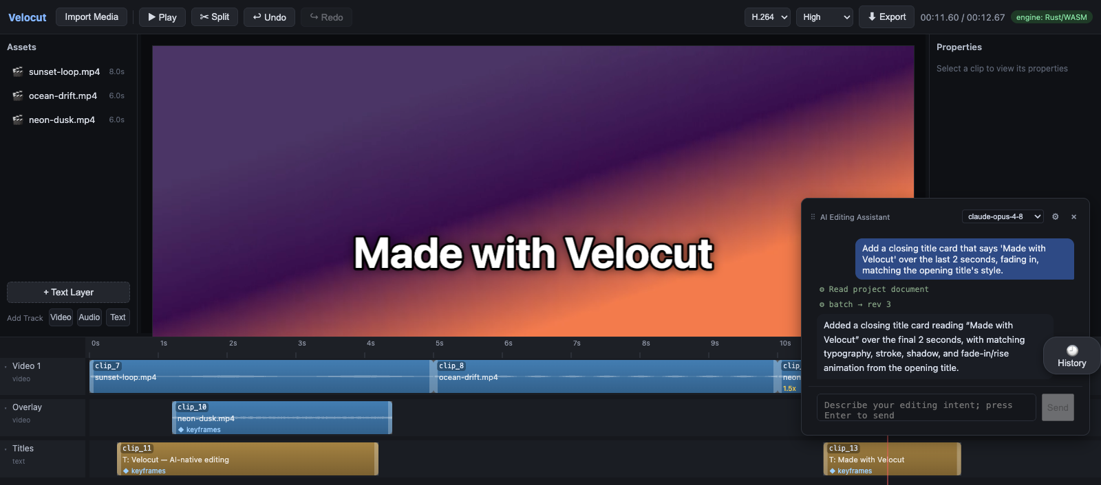 The agent reads the project and lands a styled closing title card in one atomic batch — through the exact same command protocol the UI uses