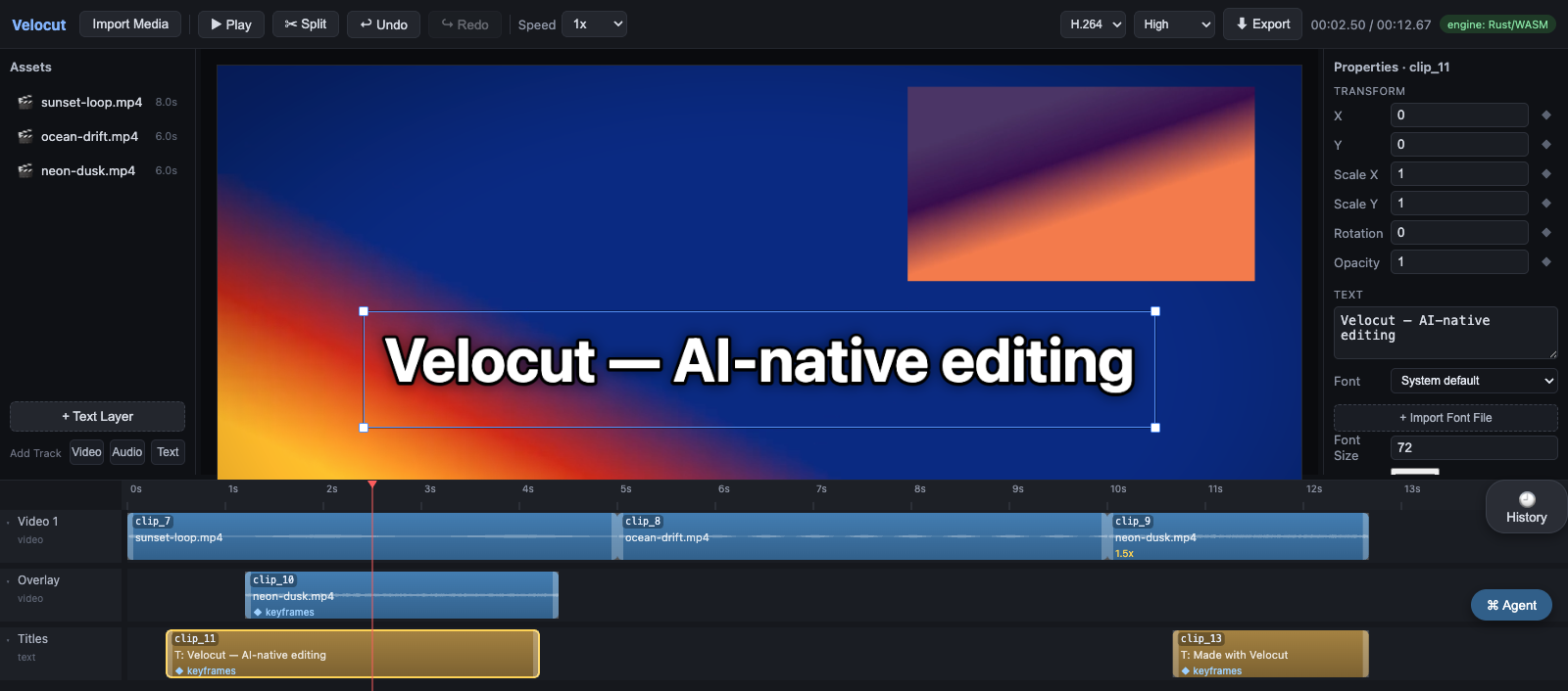 Velocut editor — multi-track timeline with waveforms, keyframes, transitions, speed ramps, and a WebGPU-composited preview