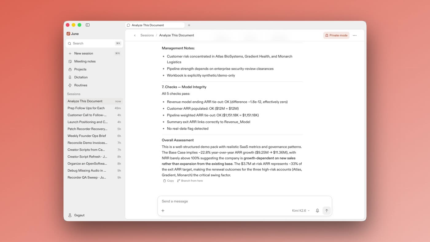 A Clovy agent session in private mode, reporting its analysis of a spreadsheet