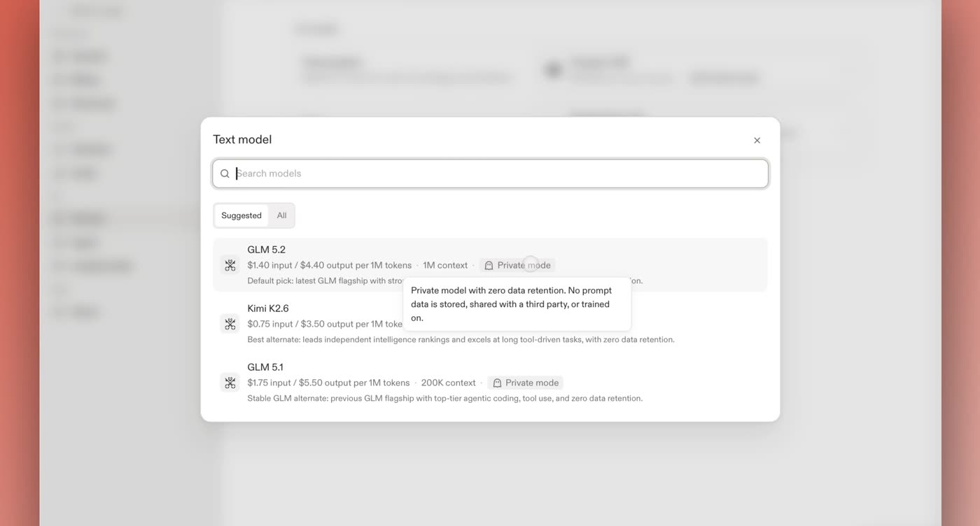 The Clovy model picker, with each model labeled with pricing, context window, and its privacy tier