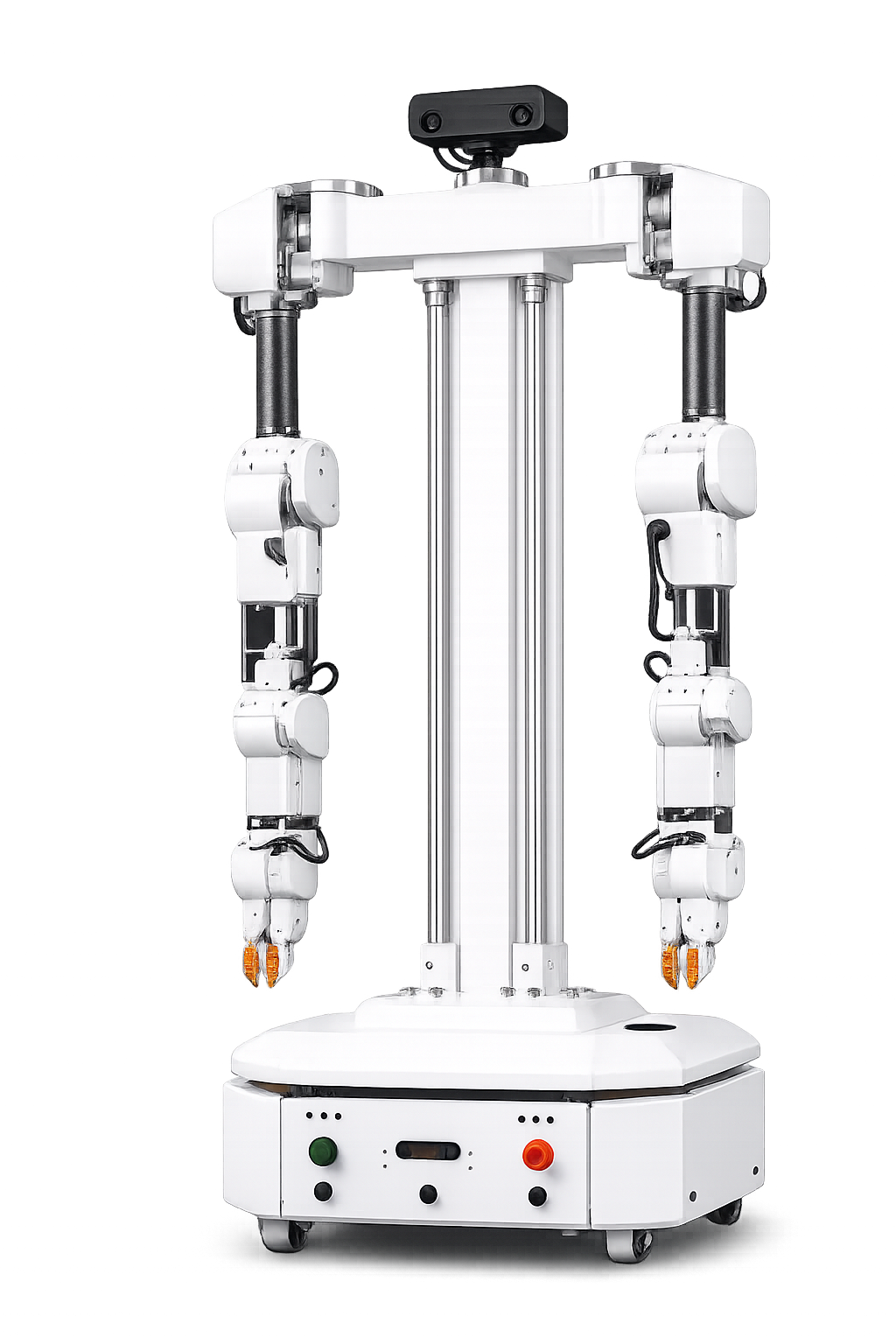 Product-vision render — the base platform carrying a vertical column with a depth camera and two robot arms; the base still shows the same front panel (E-stop, buttons, camera) and casters