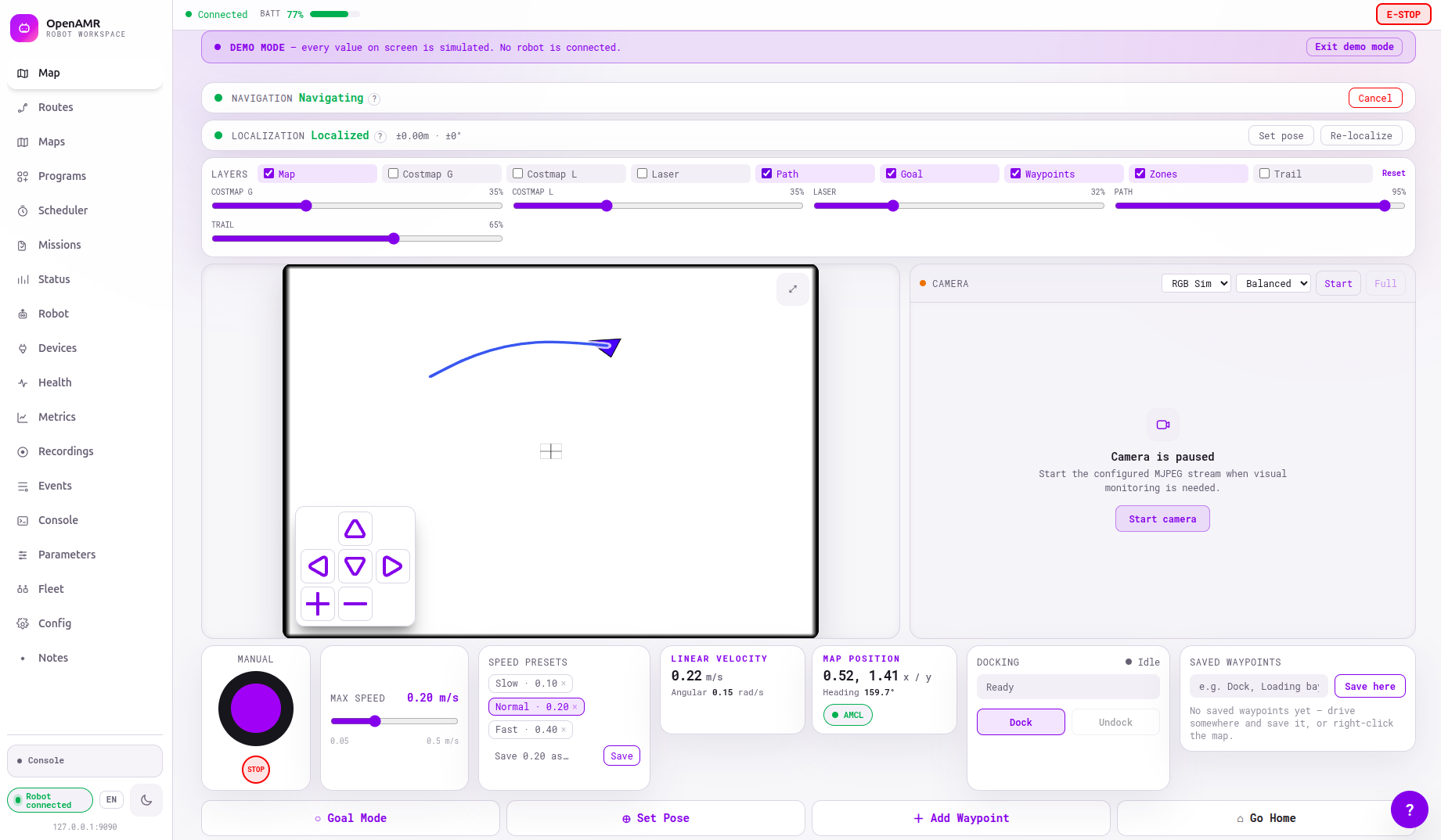 OpenAMRobot map interface showing the robot pose and navigation environment