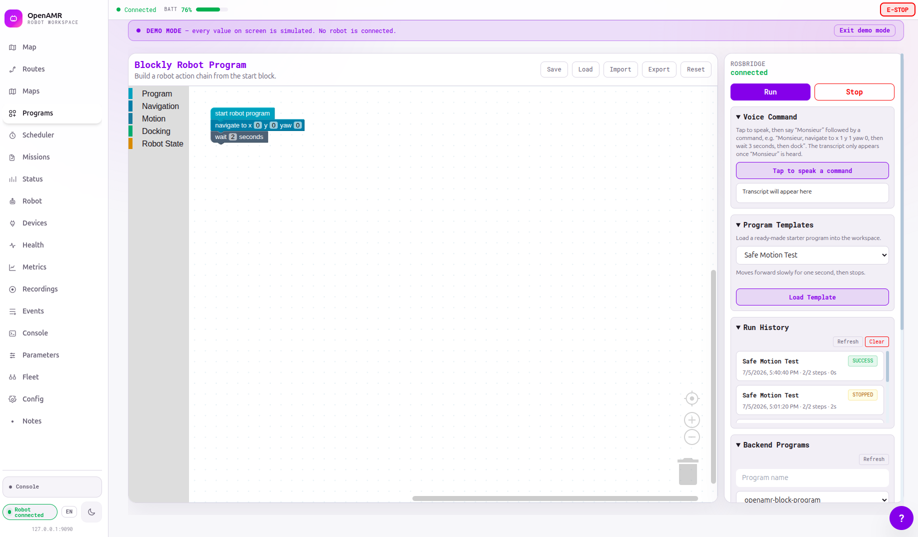 OpenAMRobot visual programming interface with Blockly robot actions