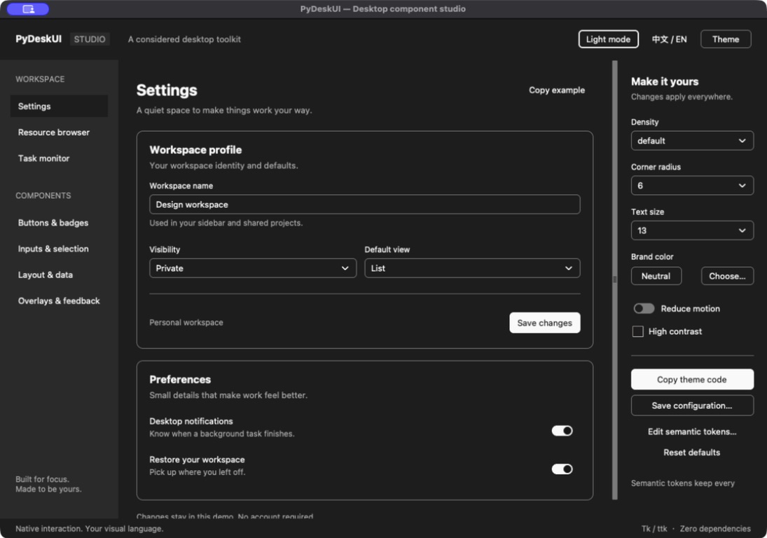 PyDeskUI desktop studio in dark mode