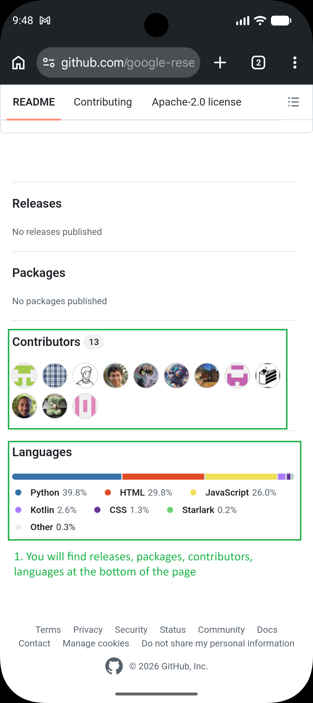 Bottom of page — releases, packages, contributors, languages