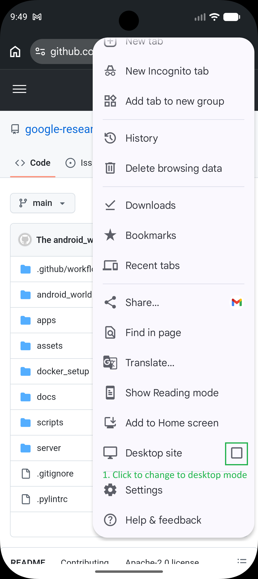 Chrome menu — Desktop site toggle