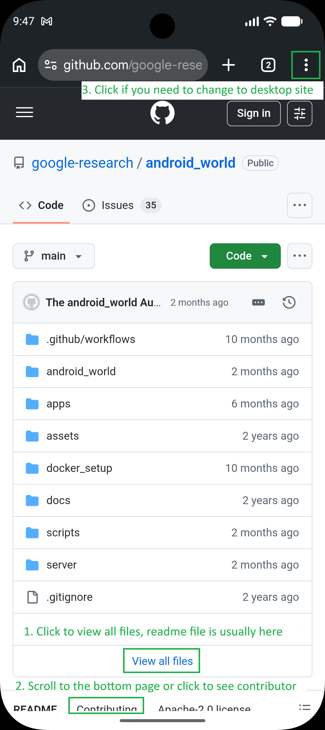 Landing page — file list and README entry