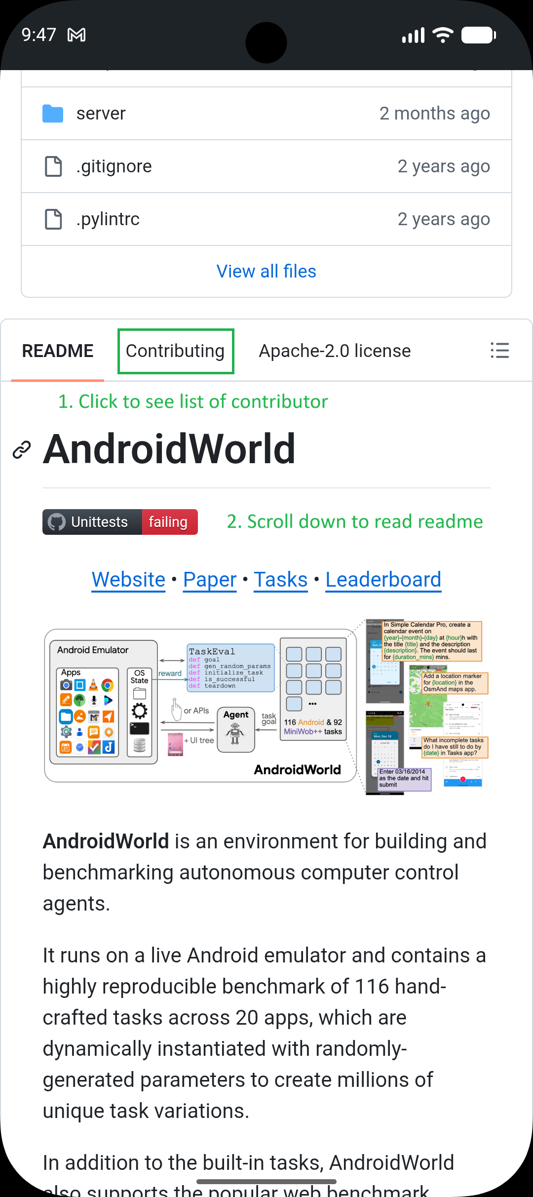 Landing page scrolled — Contributing and README region