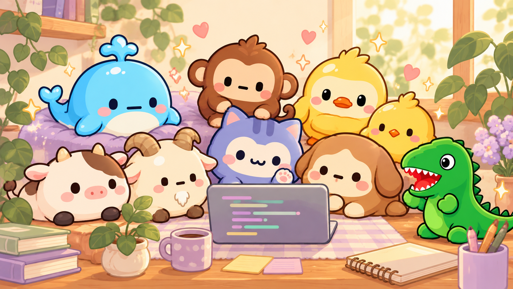 九位 DSH 小宠物围坐在电脑旁，一起陪你度过温暖的工作时光