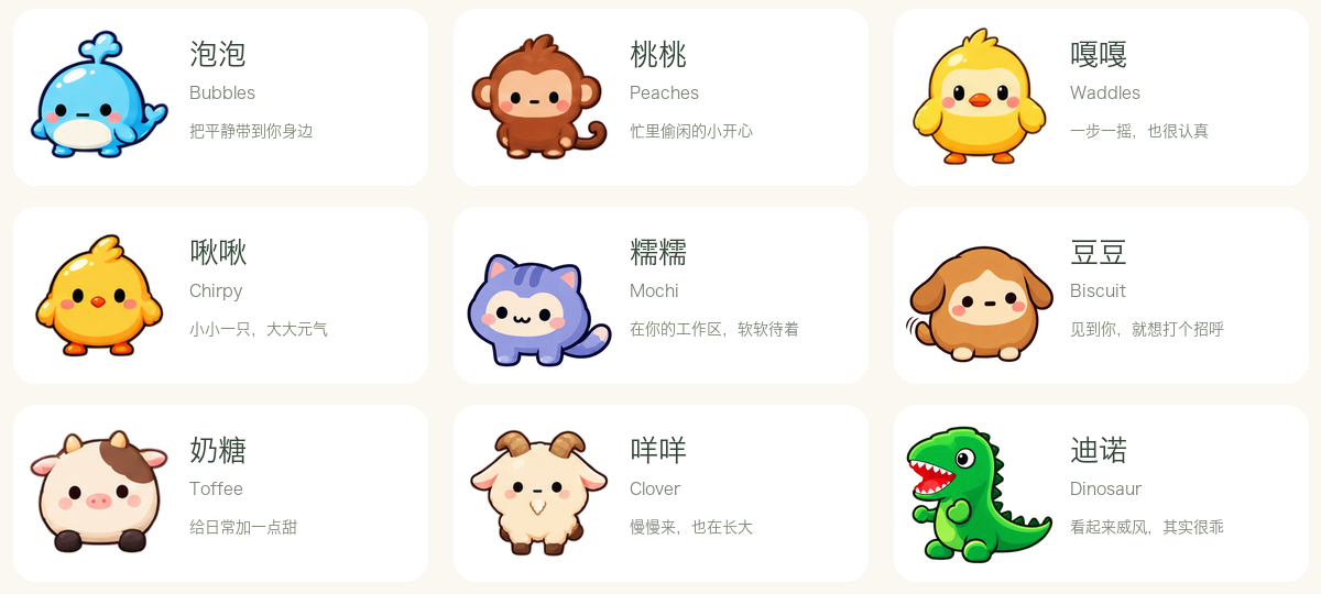 泡泡、桃桃、嘎嘎、啾啾、糯糯、豆豆、奶糖、咩咩和迪诺的宠物名片