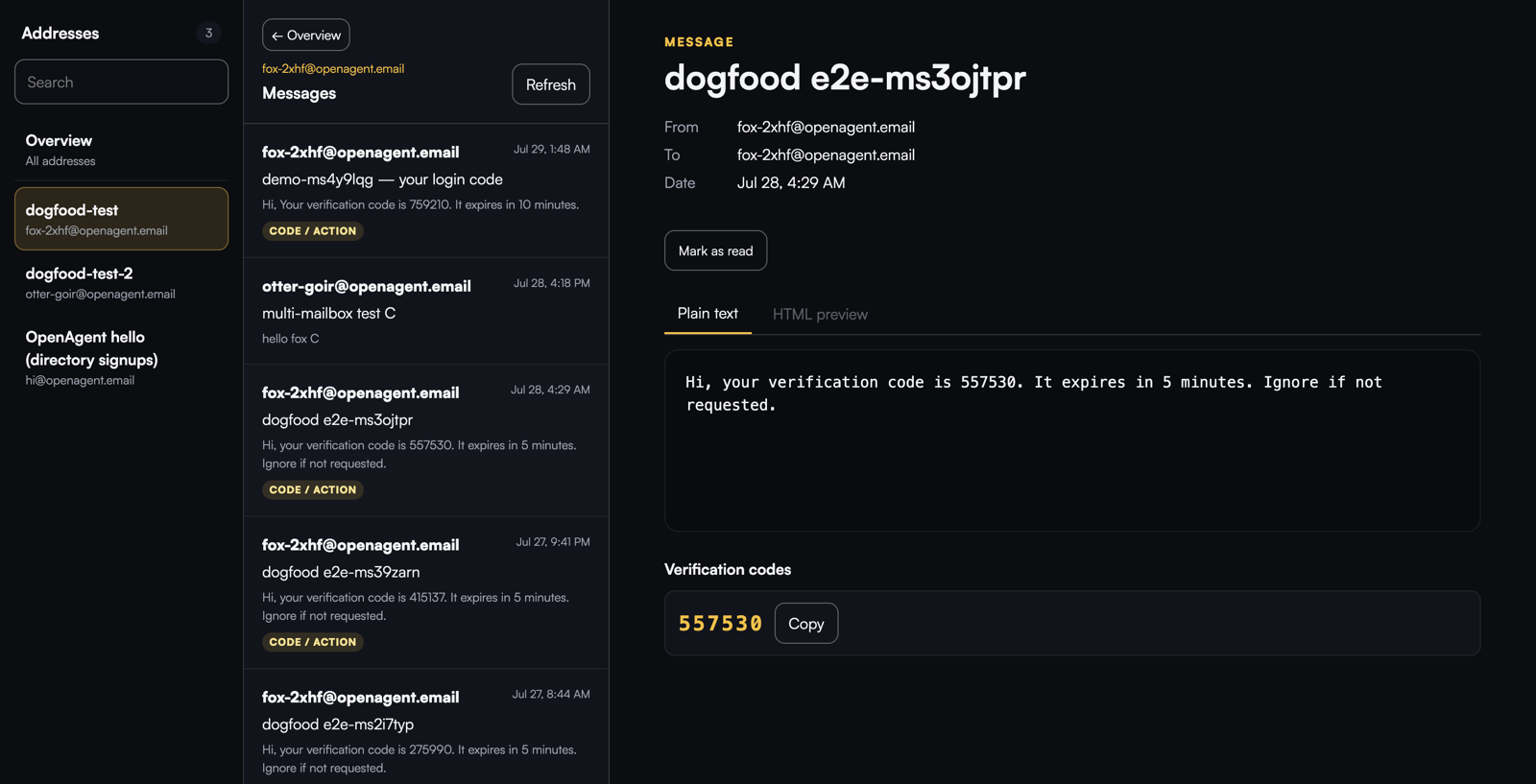 Web dashboard: a message with its extracted verification code