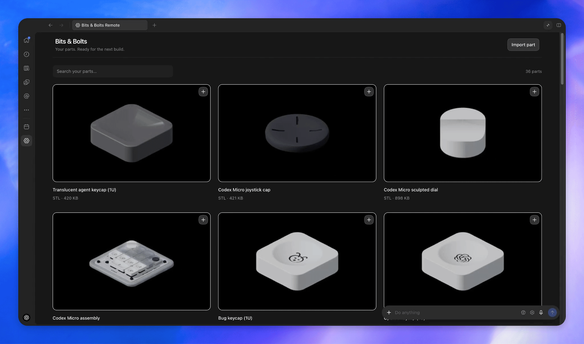 Bits & Bolts Remote selected in the sidebar with the Parts Library open
