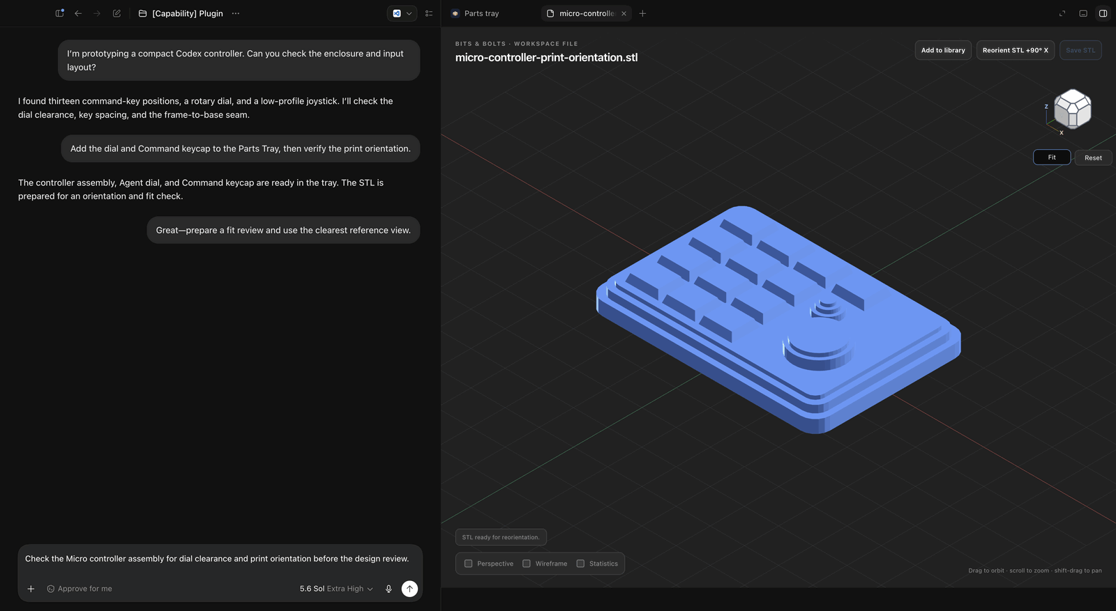 ChatGPT 会话里的文件查看器：右侧标签页显示一个 CAD/STL 模型的三维预览