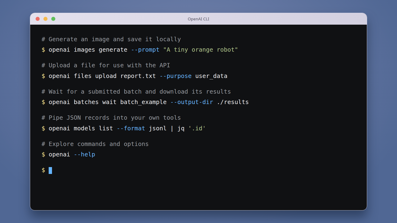 OpenAI CLI terminal showing commands for images, files, batches, and JSON output