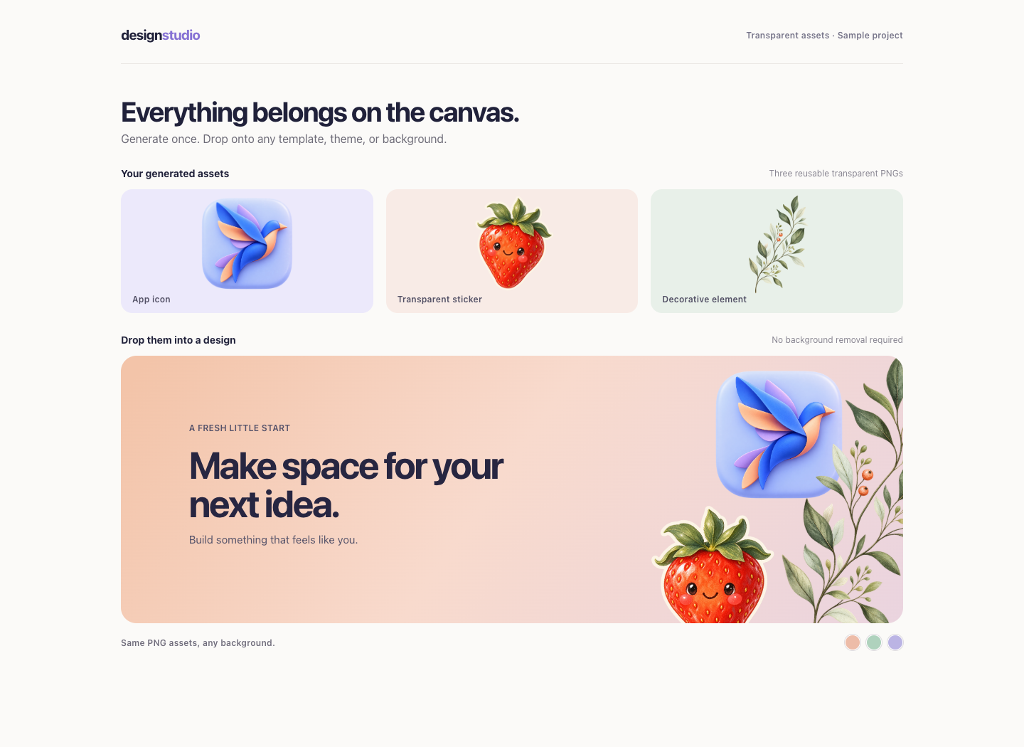 A design template page showing a transparent app icon, a strawberry sticker and a botanical decoration reused together on a coloured canvas