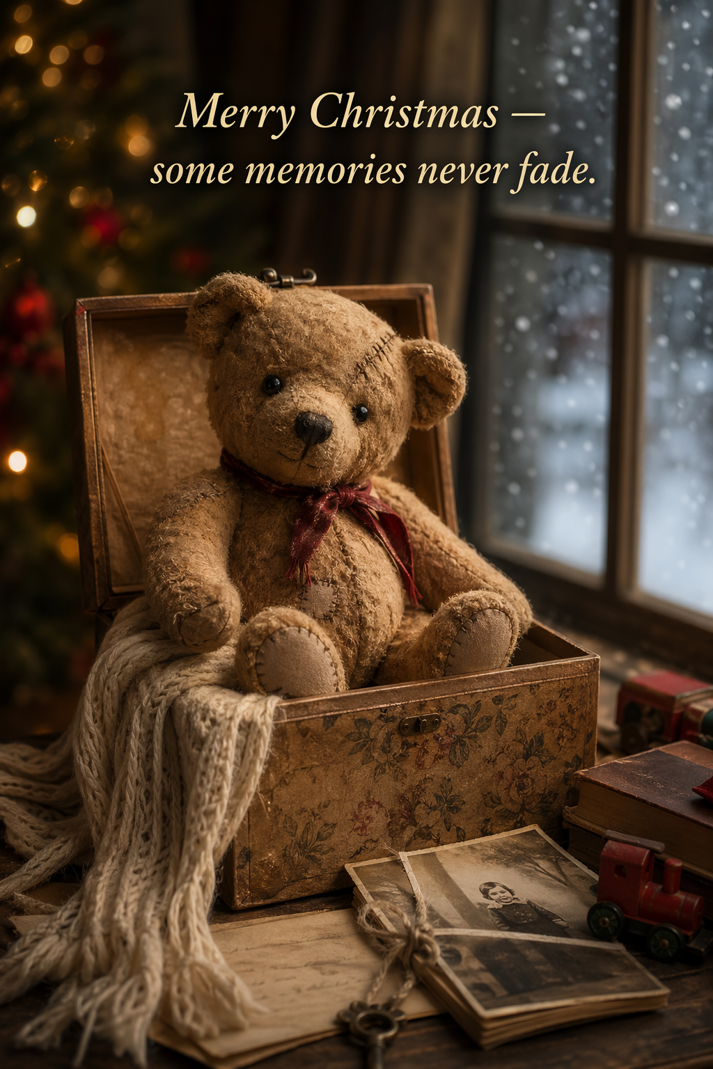 A warmly lit Christmas card image: a worn antique teddy bear with visible stitched repairs sitting in an open floral keepsake box, a cream knitted scarf spilling over the edge, old photographs and a wooden train beside it, a frosted window and bokeh tree lights behind, with a line of italic serif copy at the top