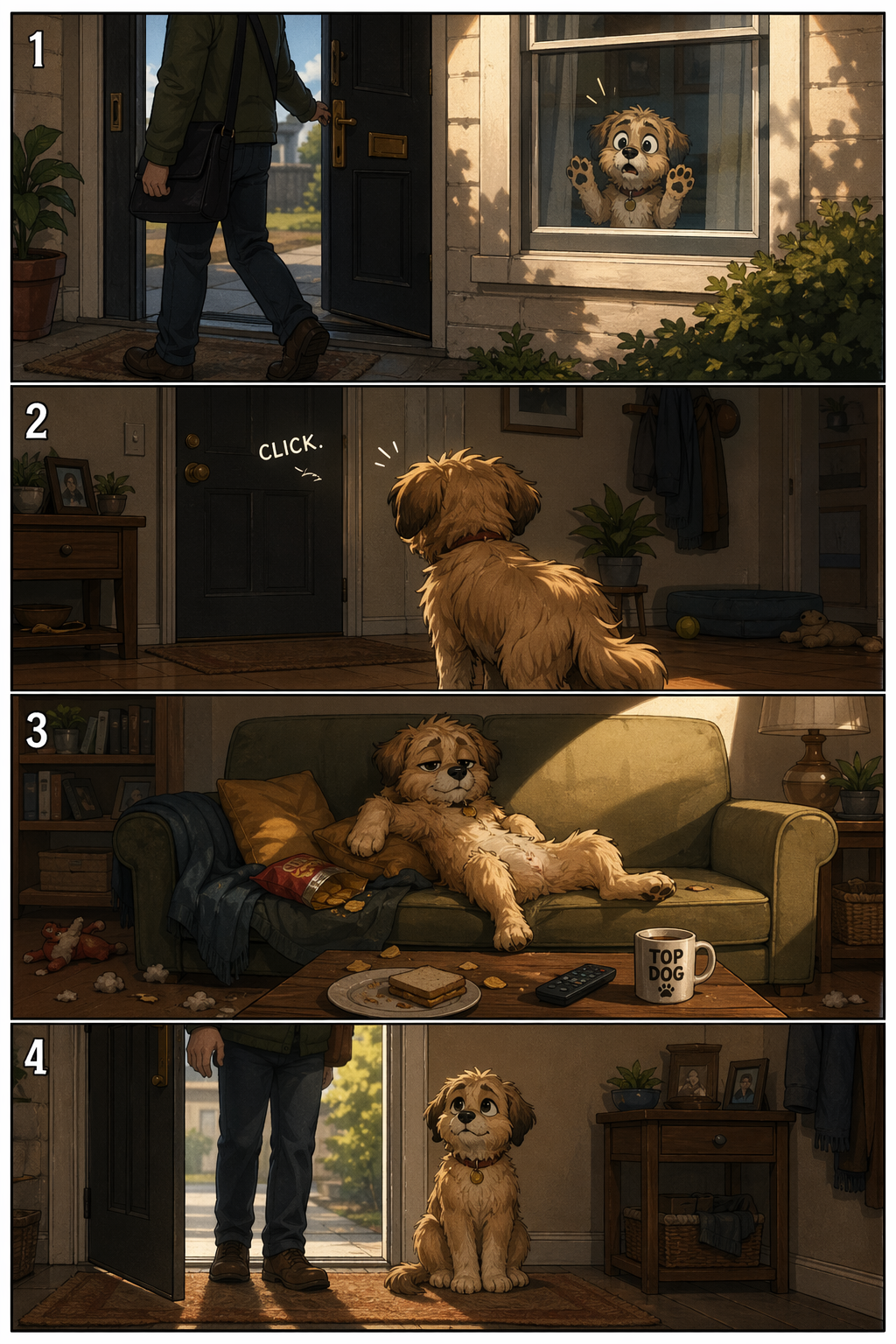 A four-panel vertical comic strip in warm painted style: panel one, an owner leaving through a front door while a small shaggy dog presses its paws against the window; panel two, the dog alone in the hallway as the door clicks shut; panel three, the dog sprawled across a green sofa amid crumbs and a snack bag with a mug reading TOP DOG on the table; panel four, the dog sitting upright and innocent by the door as the owner returns