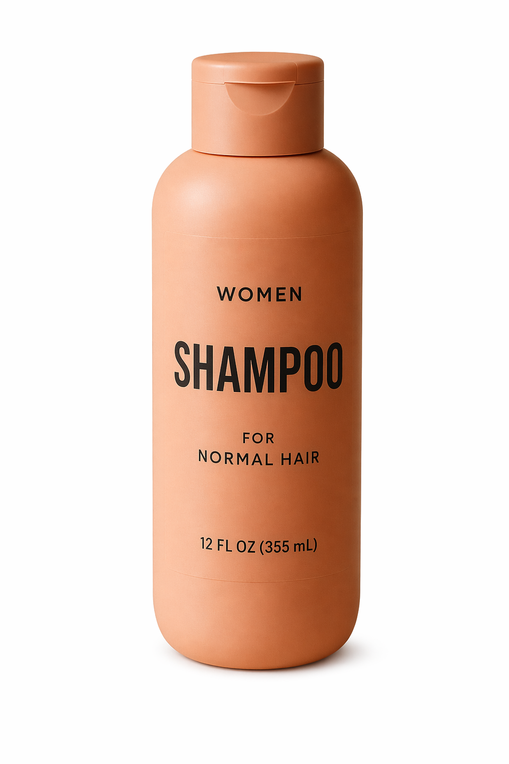 A coral-pink shampoo bottle with a flip cap, isolated on a plain background, centred with generous padding, its black label reading WOMEN, SHAMPOO, FOR NORMAL HAIR and 12 FL OZ (355 mL)