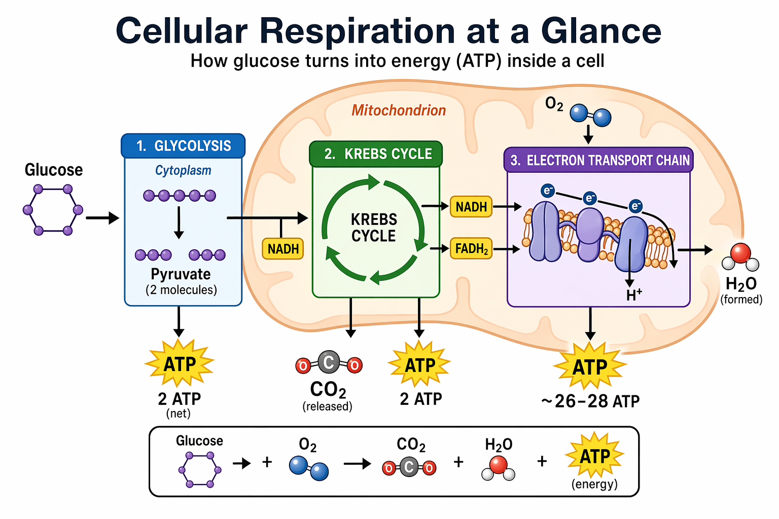Educational diagram titled Cellular Respiration at a Glance on a white ground: glucose at the left feeding a blue glycolysis panel, a green Krebs cycle panel and a purple electron transport chain panel inside a peach mitochondrion shape, with arrows, yellow ATP bursts labelled 2 ATP, 2 ATP and about 26 to 28 ATP, and a summary equation in a rounded box along the bottom