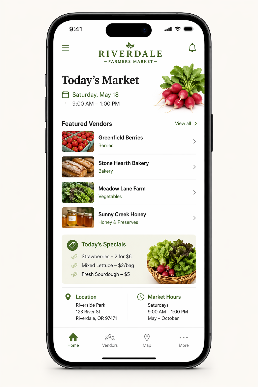 Mobile app mockup for a farmers market in an iPhone frame, generated with gpt-image-2 at 1024x1536