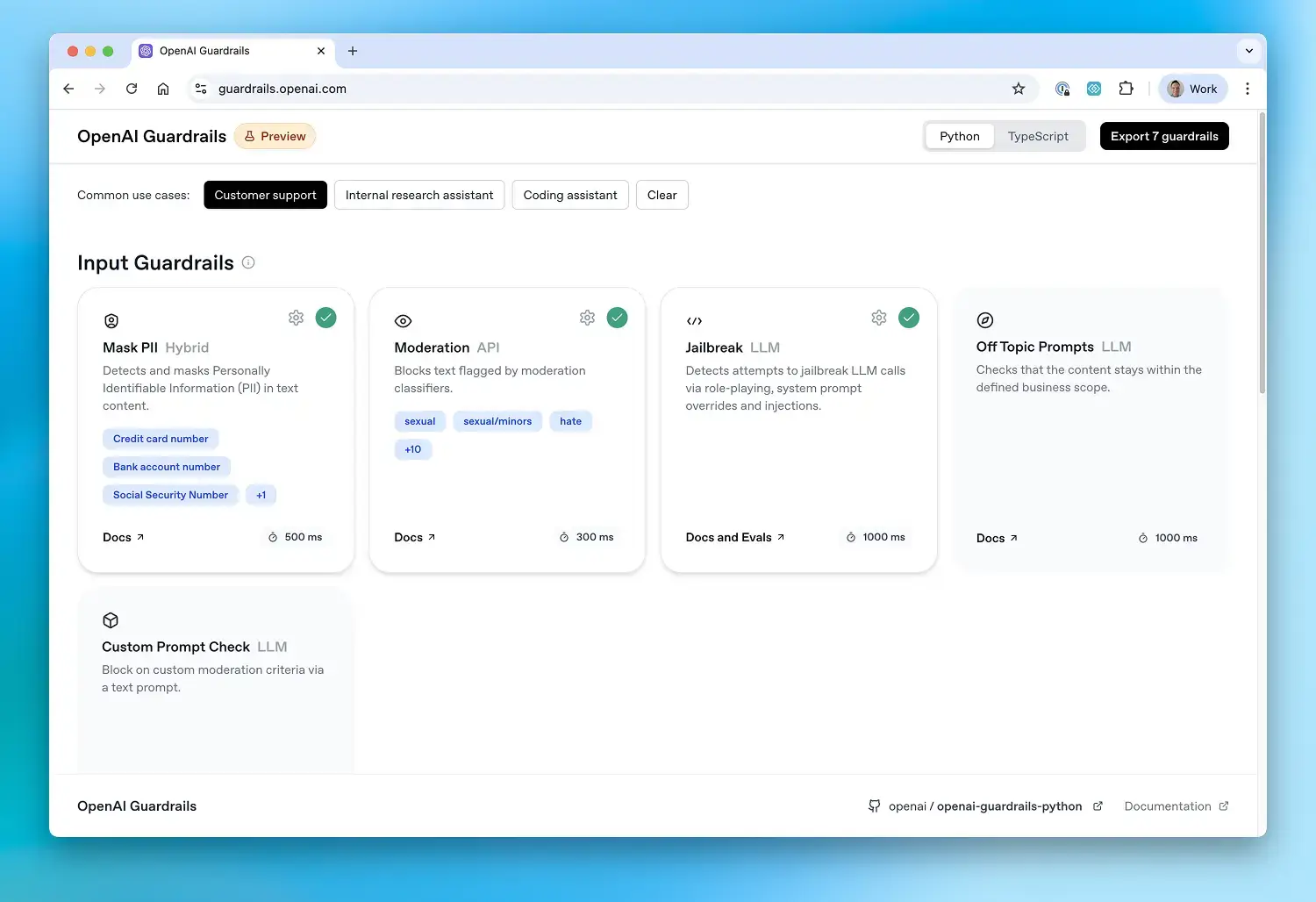 OpenAI Guardrails configuration screenshot