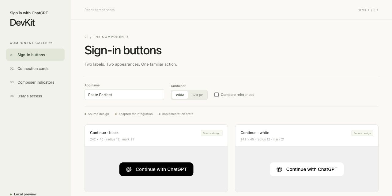 Sign-in button designs in the local DevKit preview