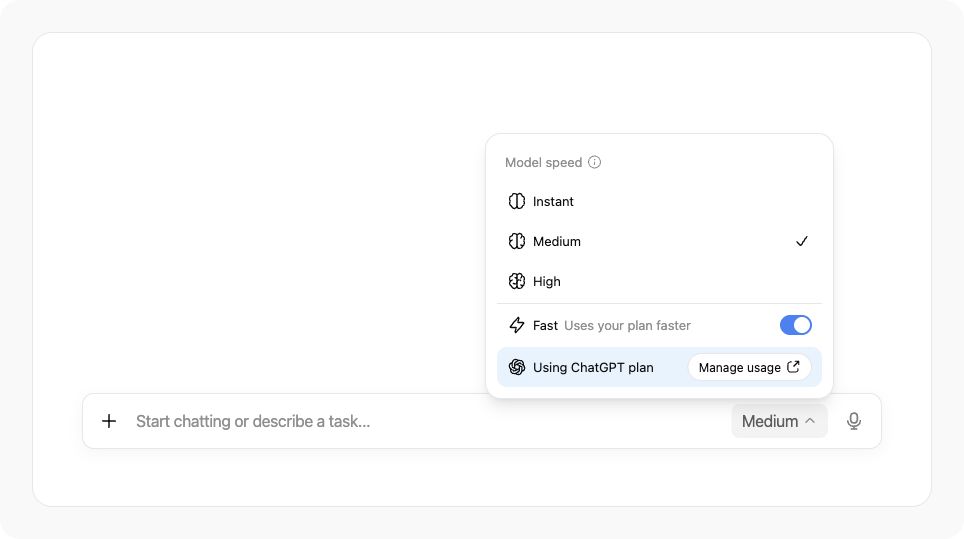 Example composer menu with a ChatGPT plan indicator and Manage usage control