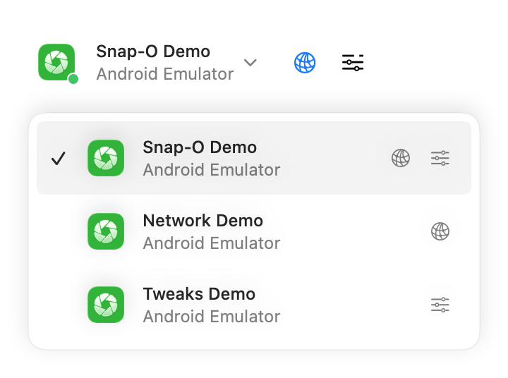 App picker with a leading selection checkmark and Network and Tweaks shortcuts