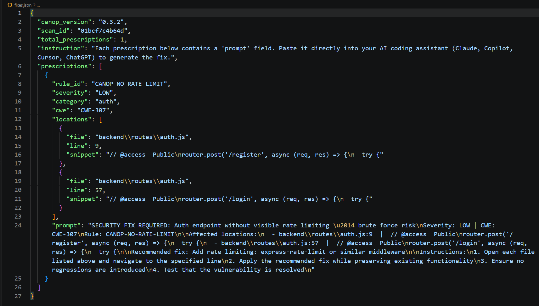 Example fixes.json output